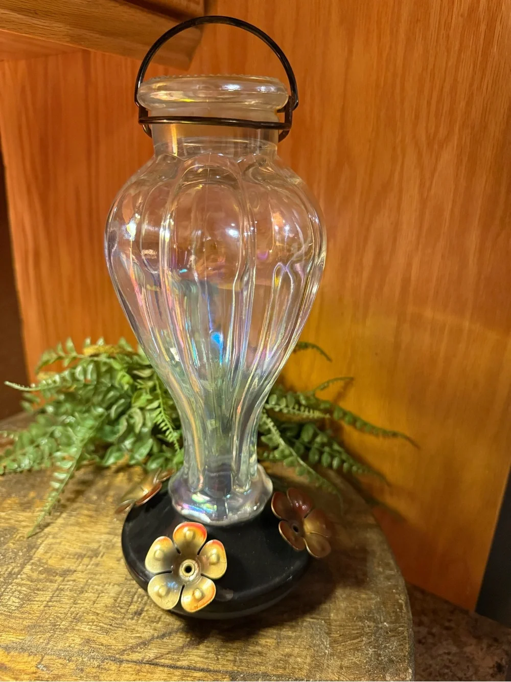 Iridescent Glass Hummingbird Feeder with Black Base